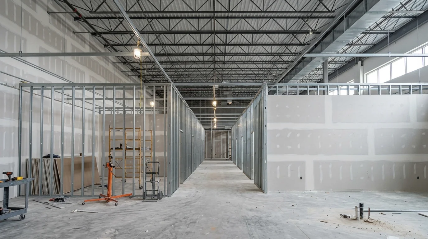 Commercial interior with drywall and metal framing installation
