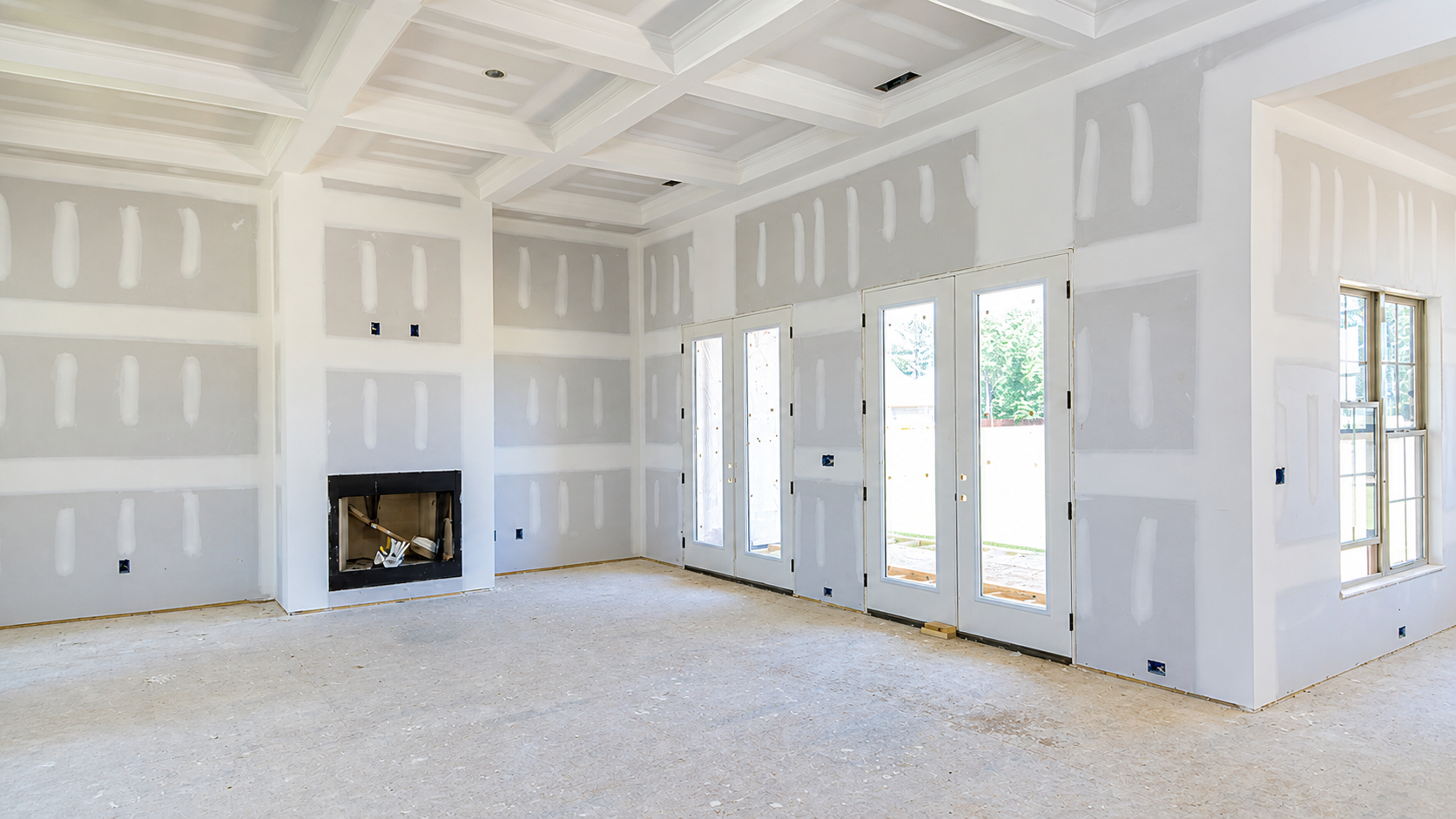 Bright custom interior with newly installed drywall and detailed ceiling work